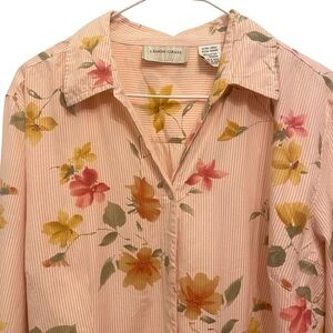 LEMON GRASS Women's size XL pink peach cotton long sleeve button up floral top